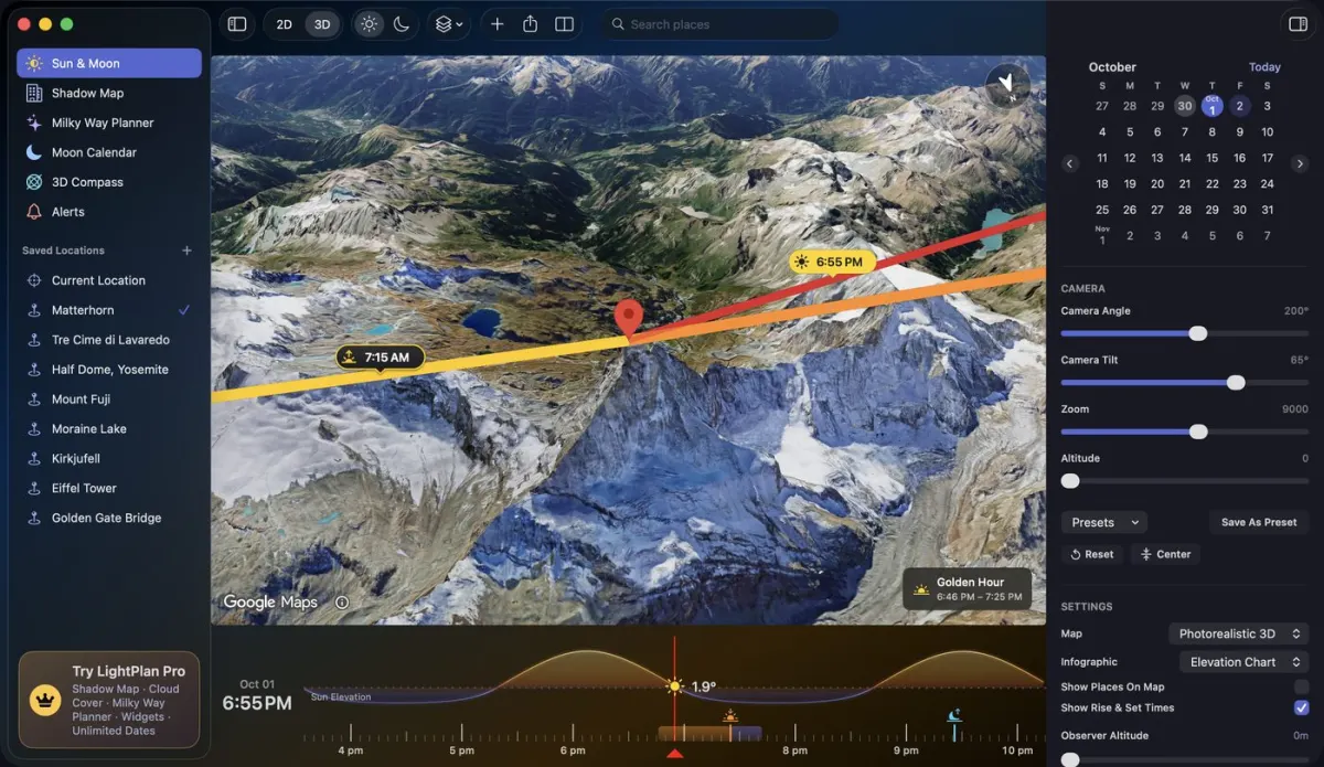 LightPlan on a Mac: the sidebar, the 3D map of the Matterhorn, the timeline and the inspector