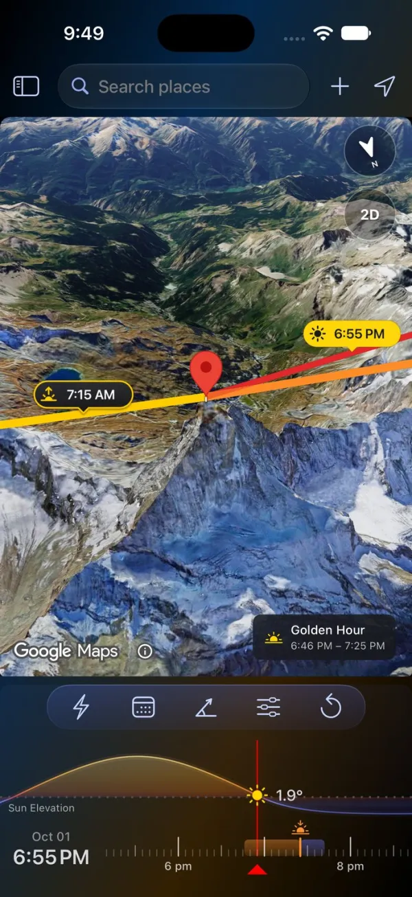 LightPlan's main screen: the red marker on a mountain, the sunrise and sunset lines with their times, a golden hour chip reading 6:46 to 7:25 PM, and the sun elevation timeline below