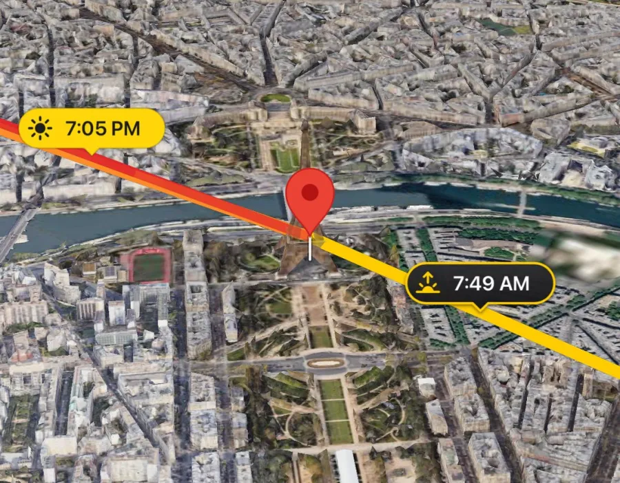 The Eiffel Tower on the Photorealistic 3D map, with the sunrise and sunset lines and their times