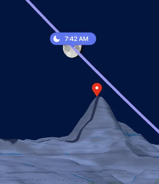 Blue hour: the moon above the Matterhorn in the terrain Observer View