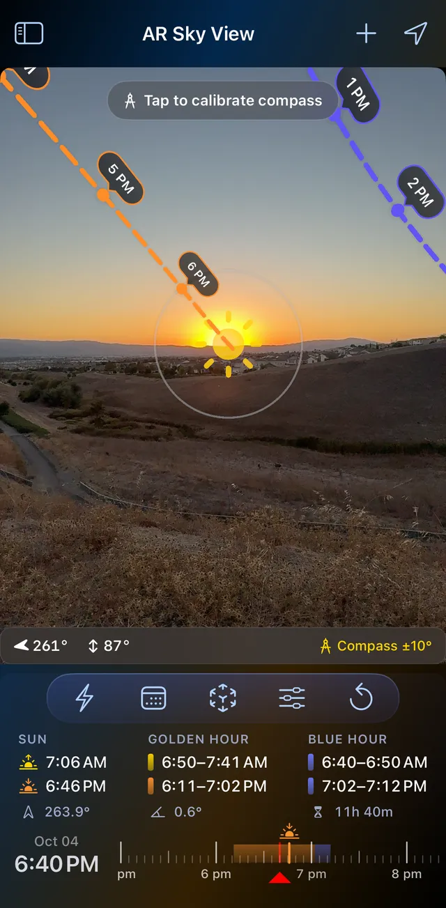 LightPlan AR Sky View on 4 October at 6:40 PM: the sun's path with 5 PM and 6 PM markers over a hillside, sunset at 6:46 PM, golden hour 6:11 to 7:02 PM, blue hour 7:02 to 7:12 PM