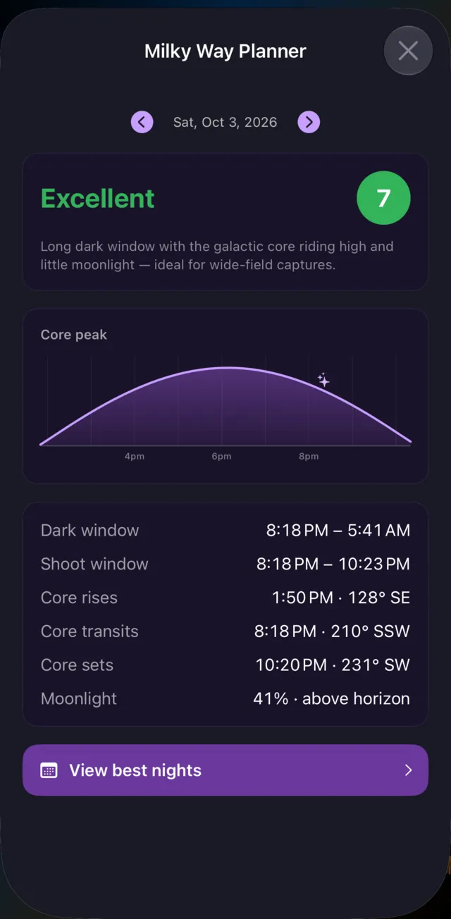 LightPlan Milky Way Planner for Saturday 3 October 2026: rated Excellent, 7, with a dark window from 8:18 PM to 5:41 AM, a shoot window of 8:18 to 10:23 PM, and the galactic core's rise, transit and set times and directions