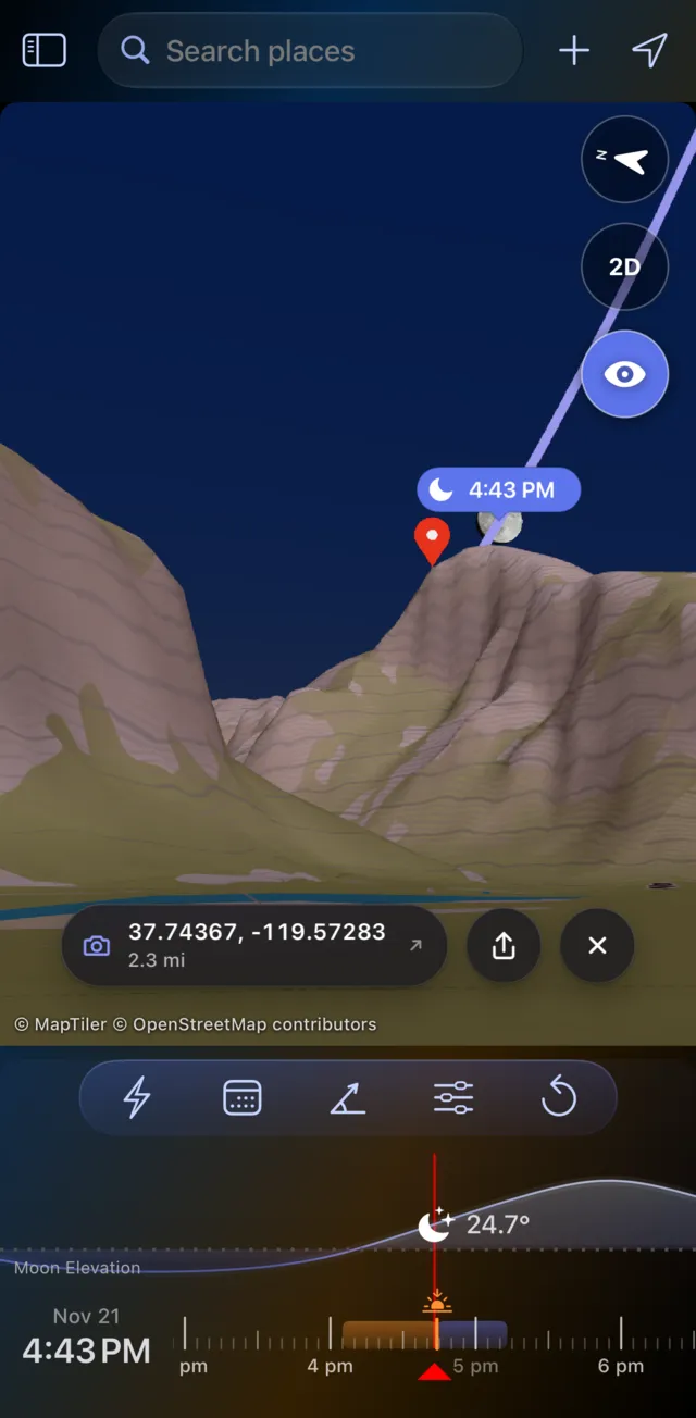 LightPlan Terrain 3D map: the moon beside the summit of Half Dome at 4:43 PM on 21 November, 24.7 degrees up, seen from the Yosemite Valley floor 2.3 miles away
