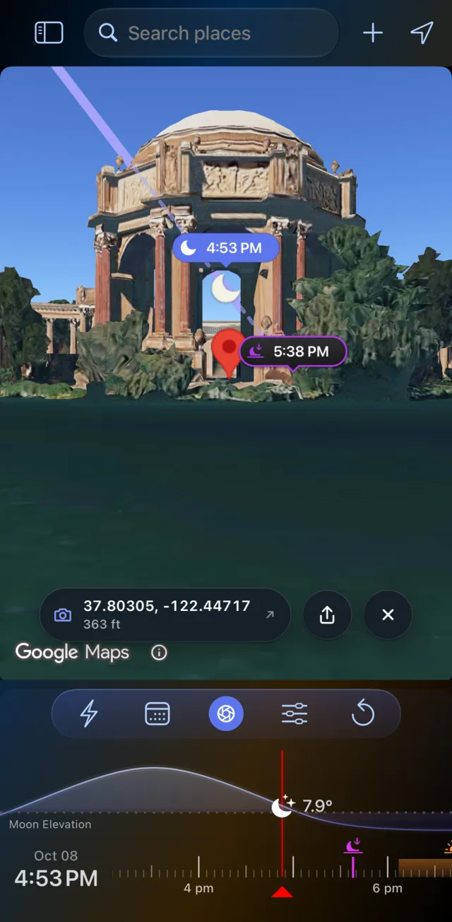 LightPlan Observer View: the rotunda of the Palace of Fine Arts from across the lagoon, with a crescent moon in the arch at 4:53 PM on 8 October