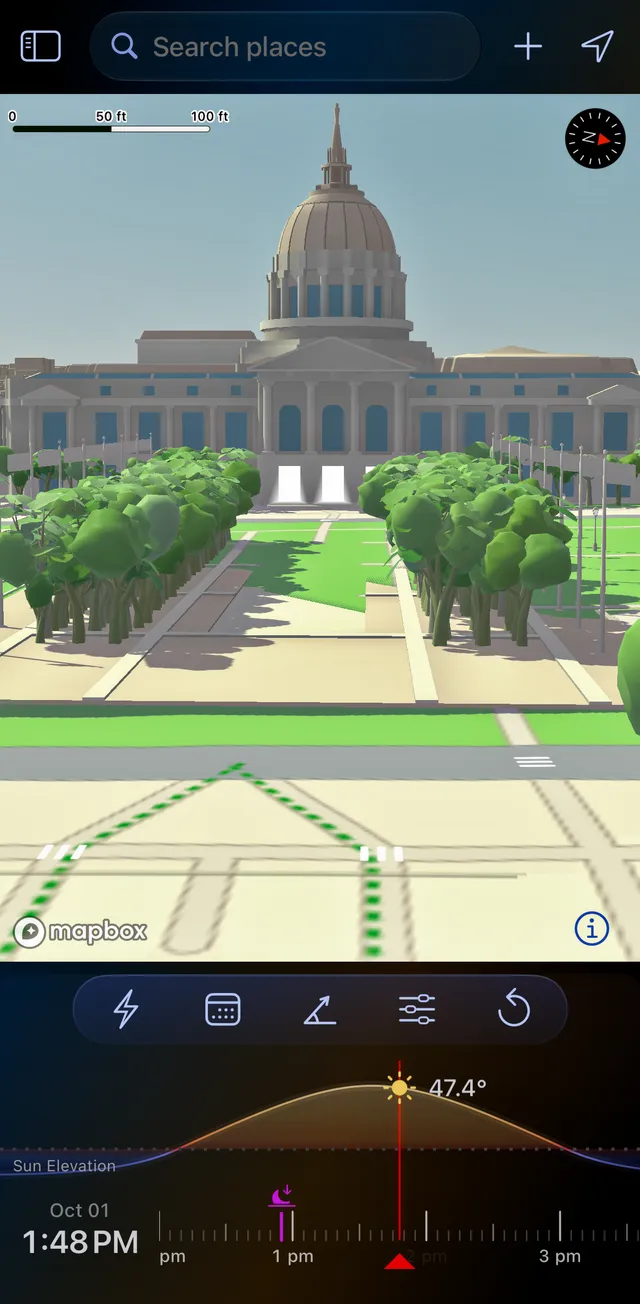 LightPlan Shadow Map at San Francisco City Hall at 1:48 PM on 1 October, sun 47.4 degrees up: short shadows under the trees