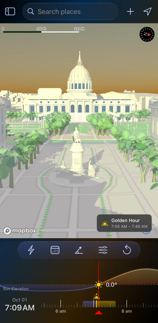 LightPlan Shadow Map at San Francisco City Hall at 7:09 AM on 1 October, sun at 0 degrees: trees and buildings cast long shadows across the plaza