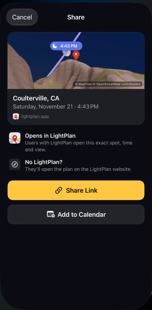 LightPlan's Share sheet for a plan on Saturday 21 November at 4:43 PM, with Share Link and Add to Calendar