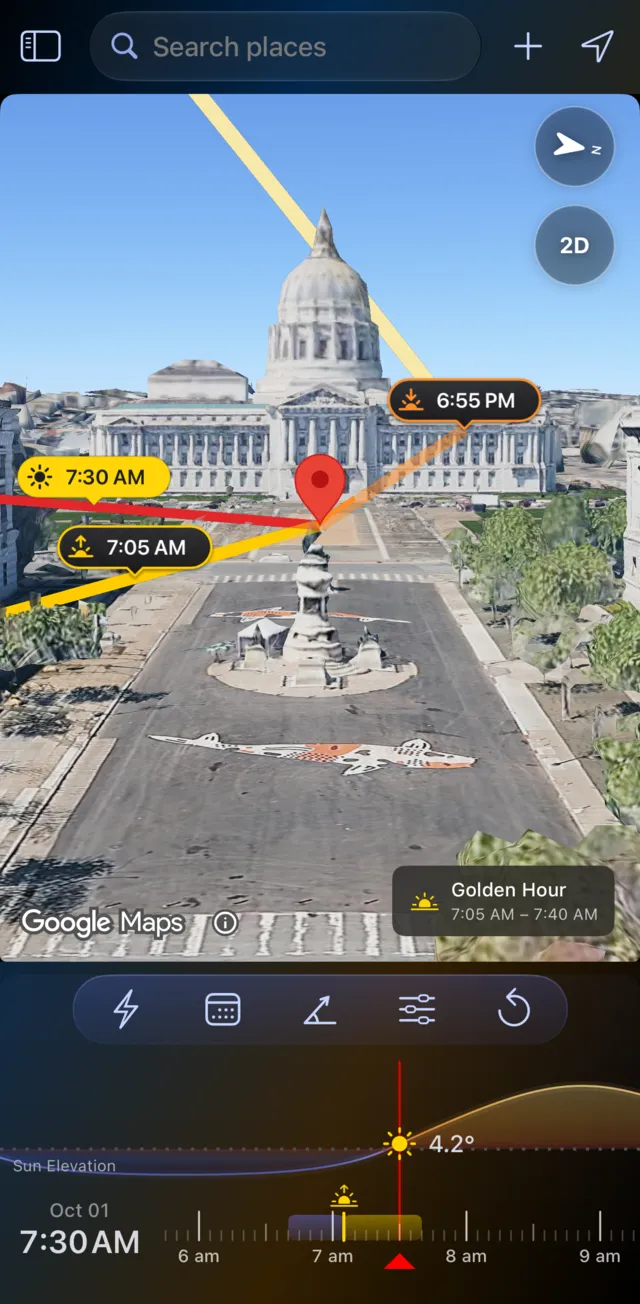 LightPlan's sunrise, sunset and 7:30 AM sun lines over San Francisco City Hall on the Photorealistic 3D map, 1 October, with golden hour from 7:05 to 7:40 AM