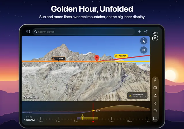 LightPlan on the iPhone Duo inner display: sunrise and sunset lines over a mountain on the Photorealistic 3D map, with golden hour from 7:16 to 8:14 AM