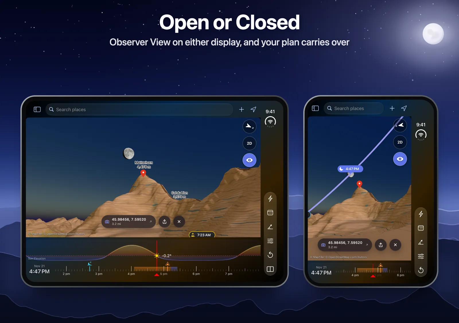 LightPlan on iPhone Duo, open and closed: Observer View of the Matterhorn with the moon above the summit at 4:47 PM on 21 November, on the wide inner display and on the outer display