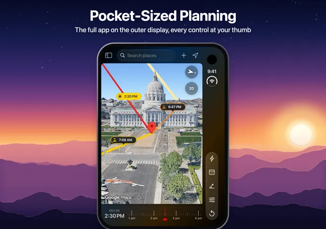 LightPlan on the iPhone Duo outer display: sunrise, sunset and afternoon sun lines over San Francisco City Hall on the Photorealistic 3D map