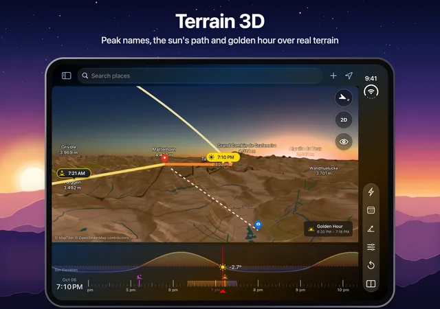 LightPlan Terrain 3D on iPhone Duo: the Matterhorn and surrounding peaks labelled, with the sun's path, sunrise and sunset lines and golden hour from 6:20 to 7:18 PM