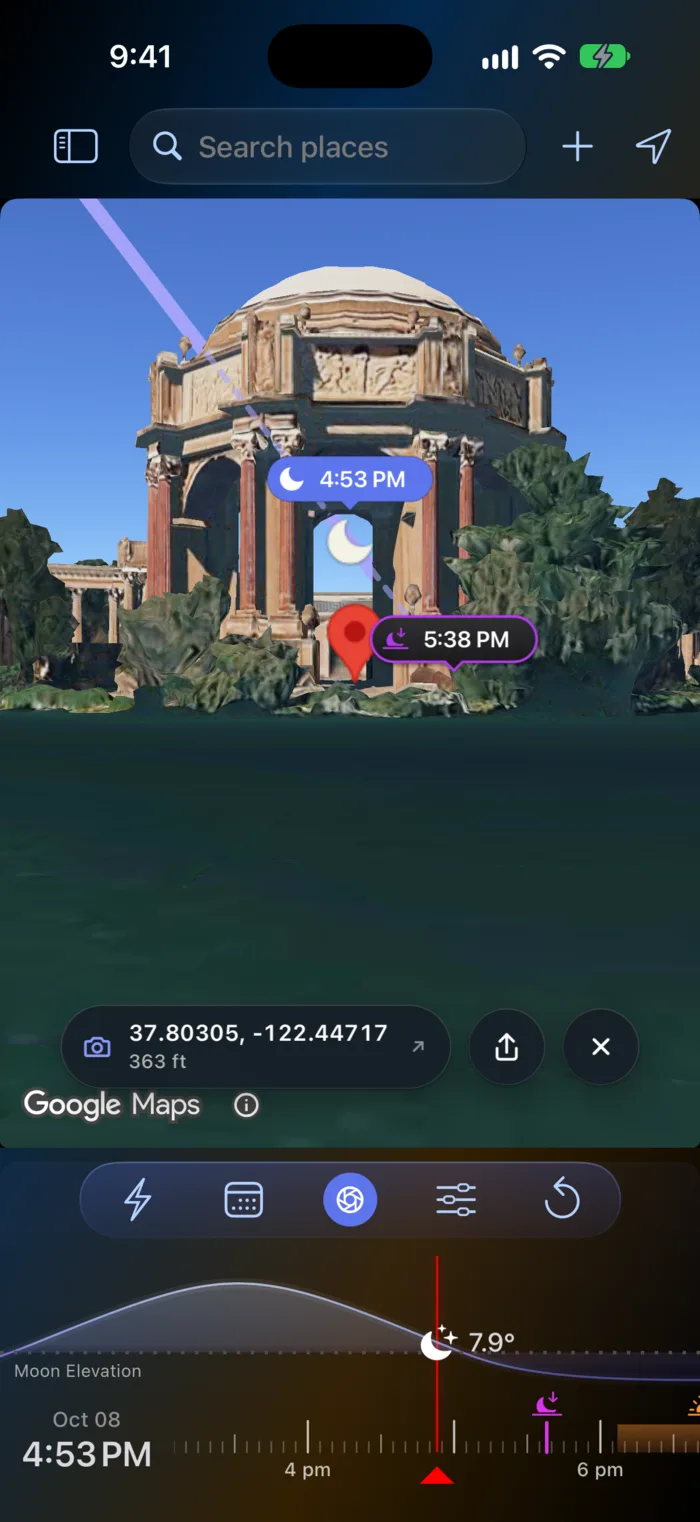 LightPlan Observer View on iPhone: a crescent moon framed in the rotunda of the Palace of Fine Arts, San Francisco, at 4:53 PM on 8 October, with the moon elevation timeline below