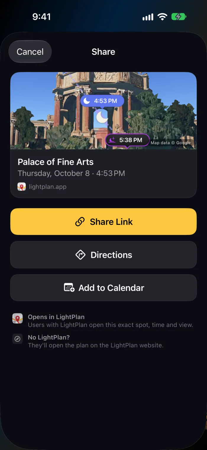 LightPlan's Share sheet for a Palace of Fine Arts plan on 8 October at 4:53 PM, with Share Link, Directions and Add to Calendar